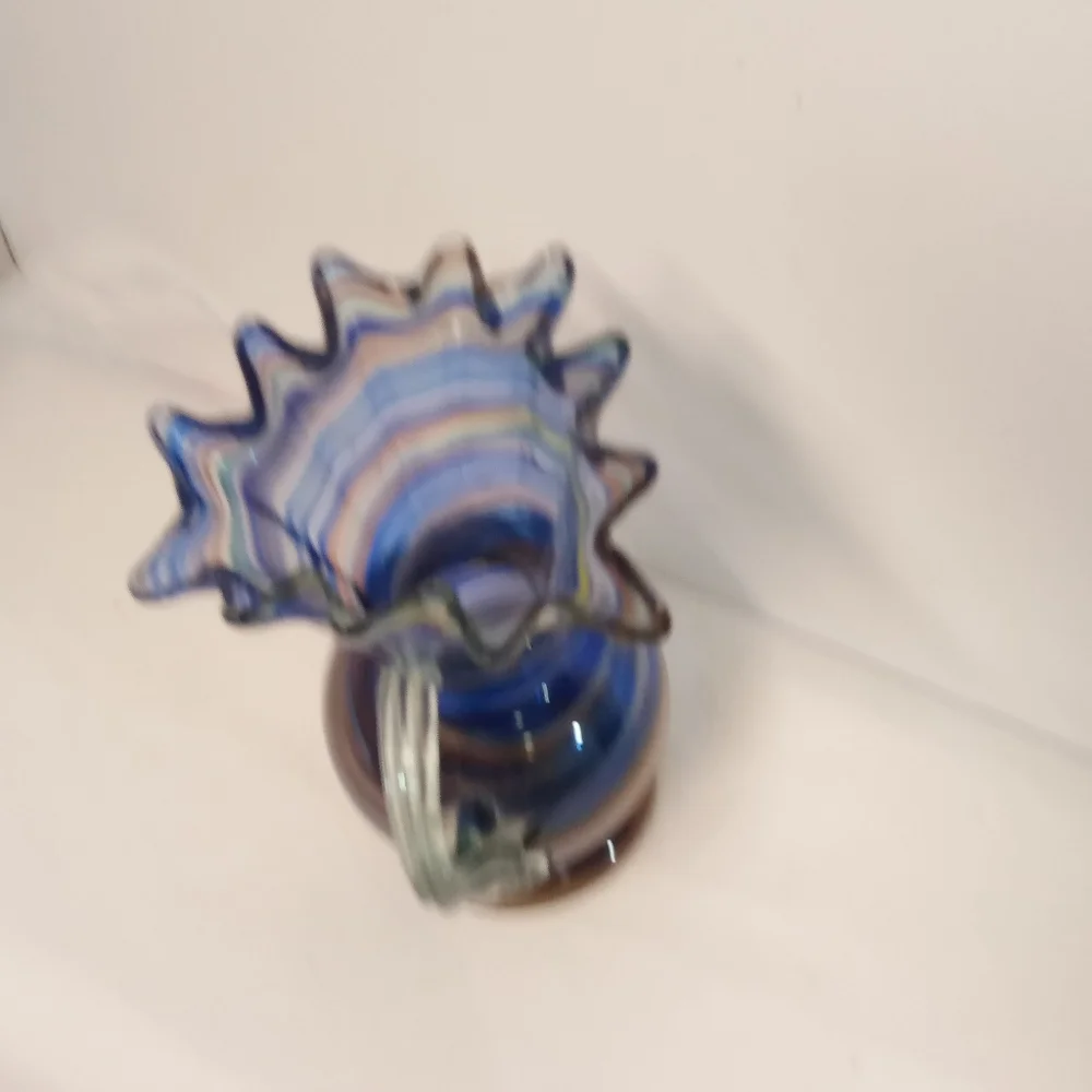 Vintage Glass Pitcher Vase Blue Swirl Budding Ruffled Rim, Murano Glass Style